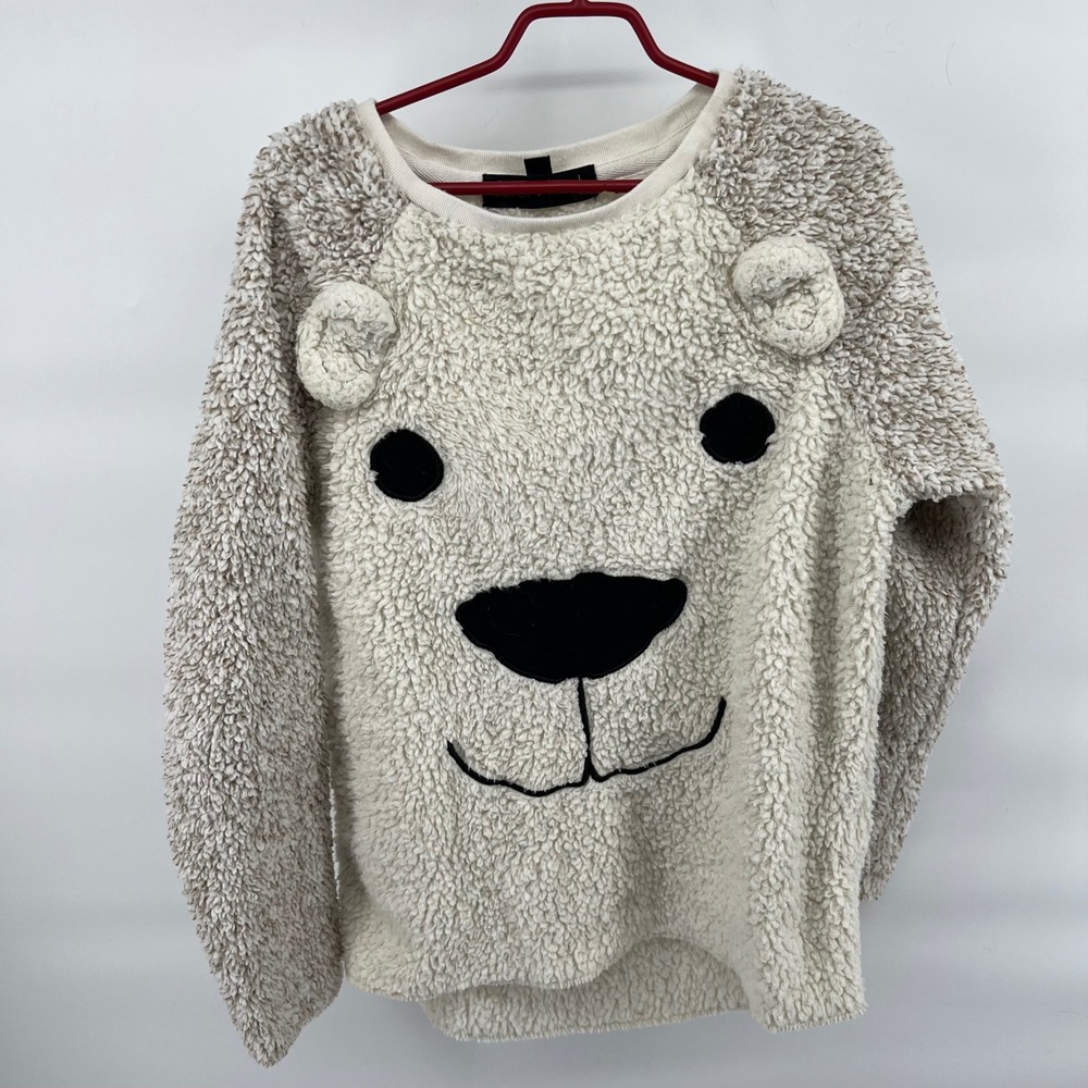 Derek Heart Girls M 10/12 Polar Bear Sherpa Fleece Pullover 3D Ears Ivory Taupe - Picture 2 of 9